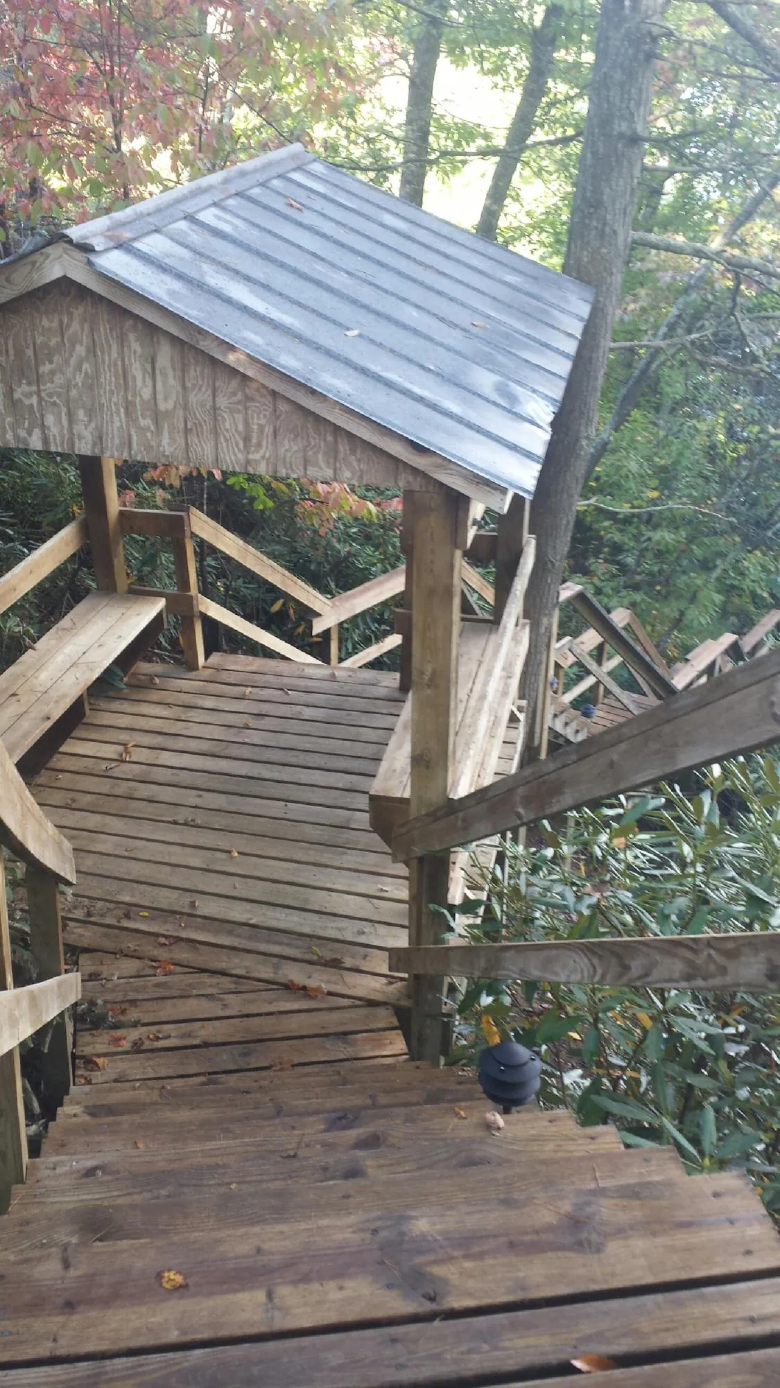 Metal roofed shelter over wooden steps on a wooded walkway — Skylight Repair & Installation work by our crew in Wrenshall